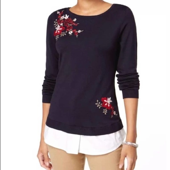 Charter Club Layered Look Sweater Blue Fall Winter Long Sleeve New Floral XL - Picture 2 of 8